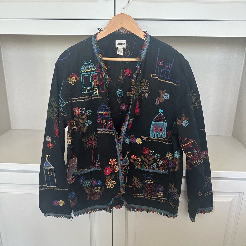 Chico's Black Embroidered Village Blazer with Multicolor Stitching